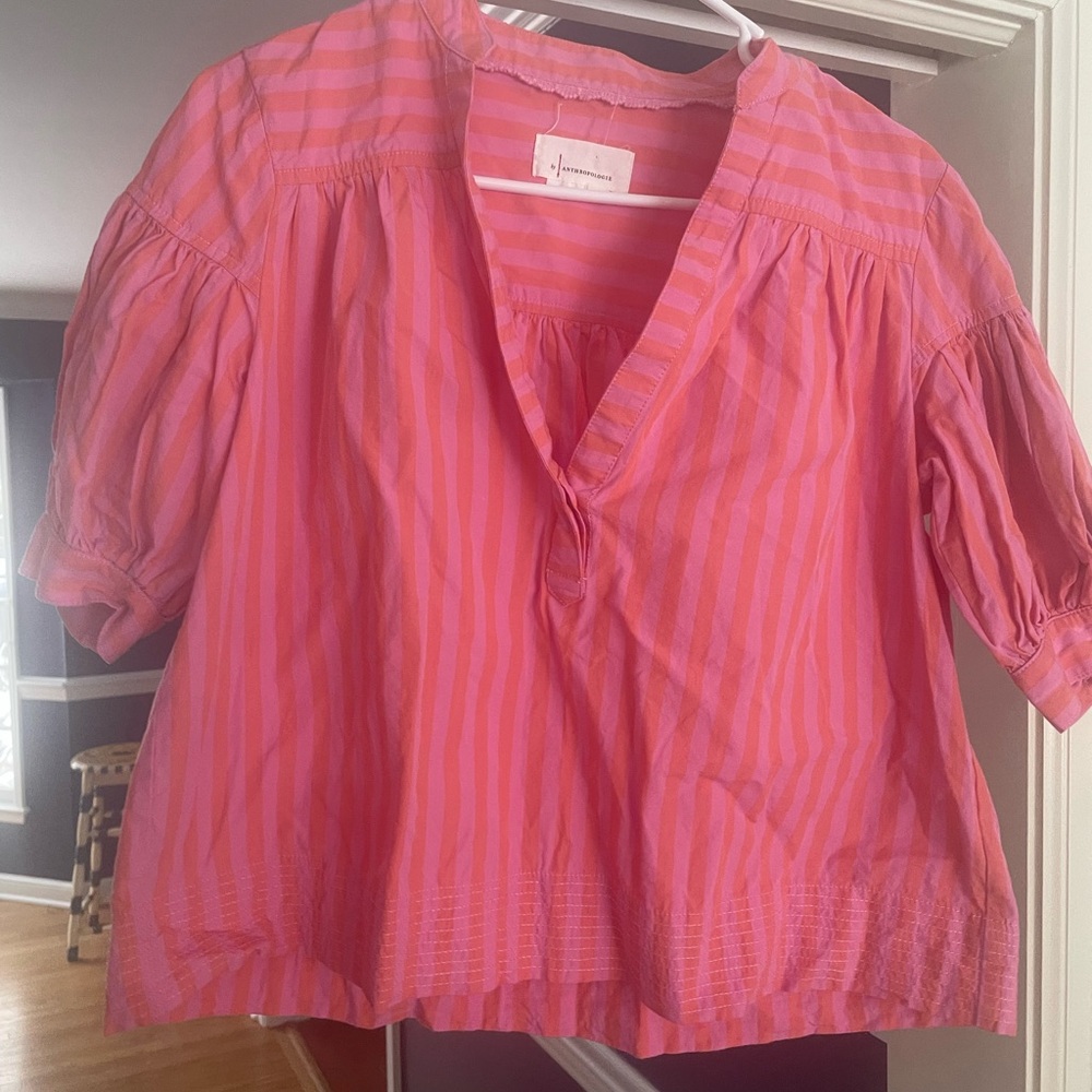 Anthropologie Pink Striped V-Neck Peasant Blouse small